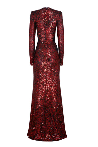 Stretch Sequin Long Sleeve Lace Applique Gown