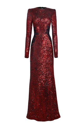 Stretch Sequin Long Sleeve Lace Applique Gown