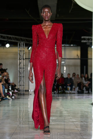 BEADED V-NECK EMPIRE WAIST GOWN WITH LONG SLEEVES AND CENTER SLIT