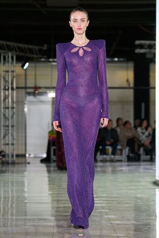 BEADED JEWEL NECK COLUMN GOWN WITH LONG SLEEVES