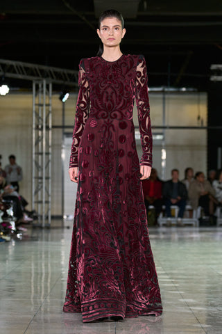 VELVET EMBROIDERED FULL SKIRT GOWN WITH LONG SLEEVES