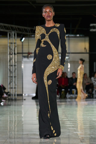 BEADED JEWEL NECK COLUMN GOWN WITH LONG SLEEVES