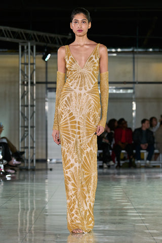 BEADED V-NECK GOWN WITH COWL BACK