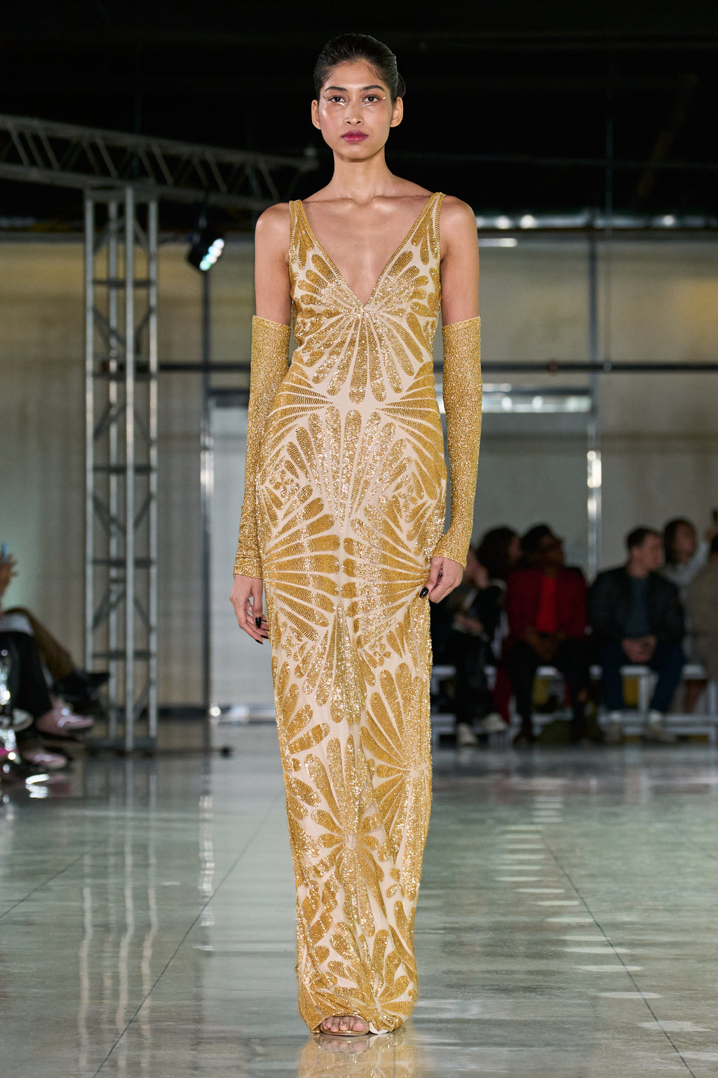 BEADED V-NECK GOWN WITH COWL BACK