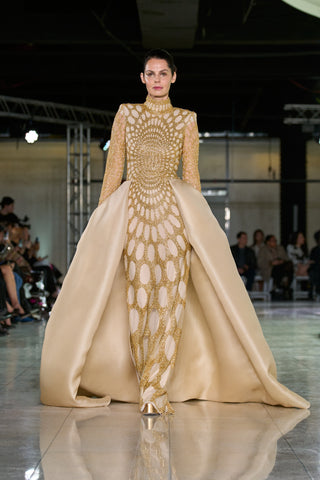 BEADED MOCK NECK GOWN WITH LONG SLEEVES