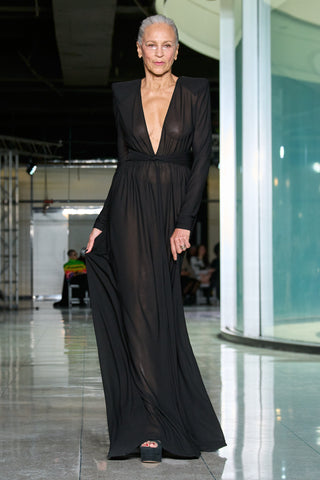 JERSEY V NECK GOWN WITH BACK EMBROIDERY DETAIL