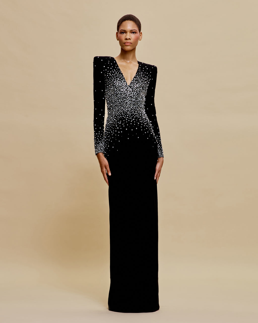 PEARL EMBELLISHED V-NECK LONG SLEEVE COLUMN GOWN Naeem Khan PEARL EMBELLISHED V-NECK LONG SLEEVE COLUMN GOWN Naeem Khan