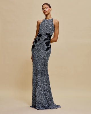 STRETCH SEQUIN HALTER FIT-AND-FLARE GOWN