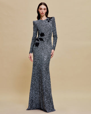 STRETCH SEQUIN JEWEL NECK FIT-AND-FLARE GOWN WITH LONG SLEEVES