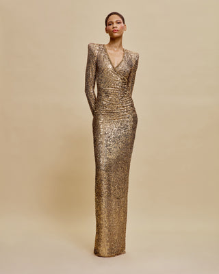 STRETCH SEQUIN V-NECK RUCHED FIT-AND-FLARE GOWN WITH CAP SLEEVES