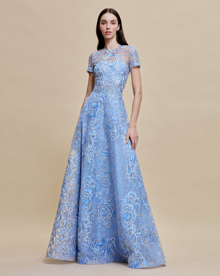 FLORAL RAFFIA JEWEL NECK FULL SKIRT GOWN WITH CAP SLEEVES