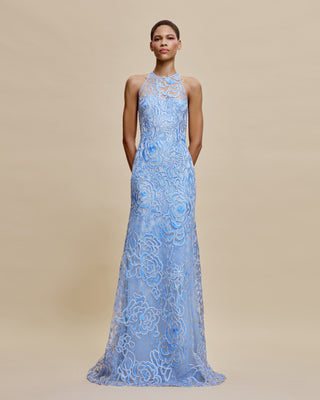 FLORAL RAFFIA HALTER FIT-AND-FLARE GOWN