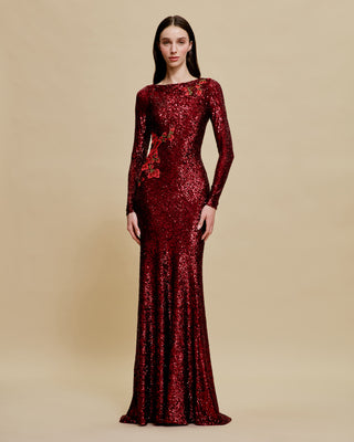STRETCH SEQUIN BOAT NECK FIT-AND-FLARE GOWN WITH LONG SLEEVES