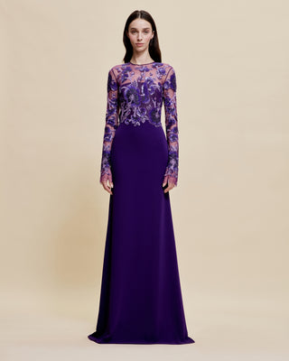 BEADED BODICE JEWEL NECK LONG SLEEVE FIT-AND-FLARE GOWN