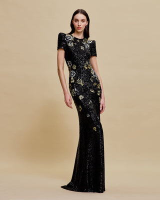 STRETCH SEQUIN JEWEL NECK CAP SLEEVE FIT-AND-FLARE GOWN