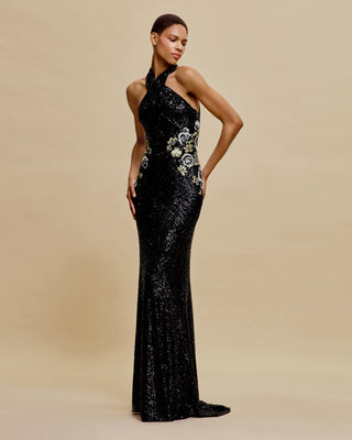 STRETCH SEQUIN CRISS-CROSS NECK FIT-AND-FLARE GOWN