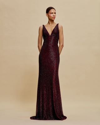 V-NECK EMPIRE WAIST COWL BACK FIT-AND-FLARE GOWN