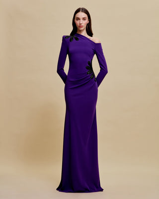 SCOOP NECK COLLUMN GOWN WITH CAP SLEEVES AND EMBELLISHED WAIST