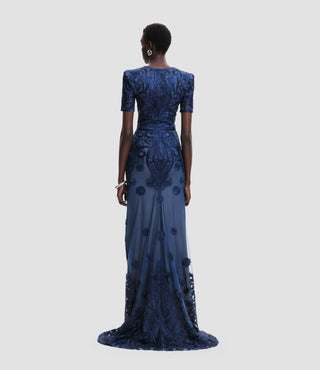EMBROIDERED V-NECK FIT-AND-FLARE GOWN WITH SHORT SLEEVES