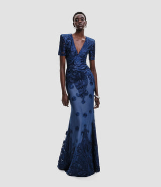 EMBROIDERED V-NECK FIT-AND-FLARE GOWN WITH SHORT SLEEVES