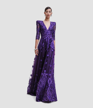 EMBROIDERED V-NECK FULL SKIRT GOWN WITH THREE-QUARTER SLEEVES