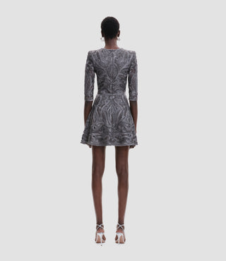 EMBROIDERED V-NECK DRESS WITH THREE-QUARTER SLEEVES