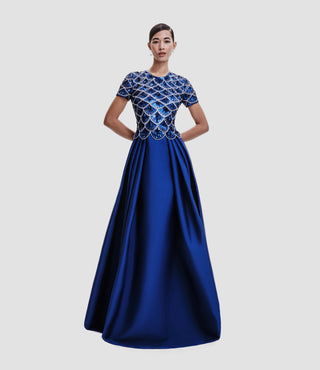 BEADED JEWEL NECK DROP WAIST BALL GOWN WITH CAP SLEEVES