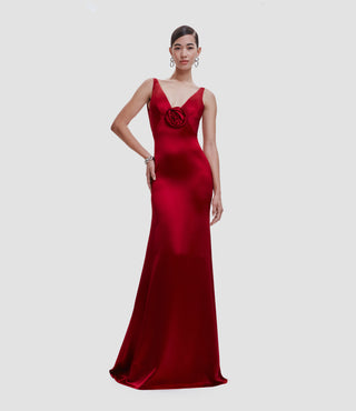 SATIN EMPIRE WAIST V-NECK GOWN WITH FLOWER