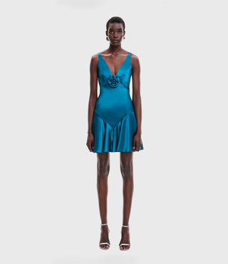 SATIN V-NECK DRESS WITH FLOWER