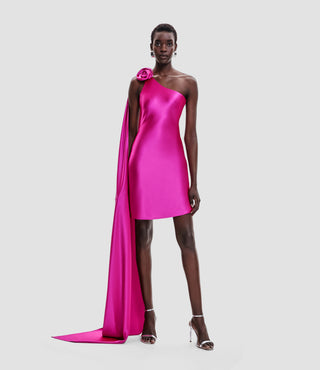 SATIN ONE SHOULDER DRESS WITH SHOULDER DRAPE DETAIL