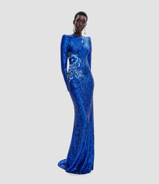 STRETCH SEQUIN JEWEL NECK GOWN WITH FLORAL APPLIQUE