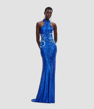 STRETCH SEQUIN CRISS-CROSS NECK GOWN WITH FLORAL APPLIQUE