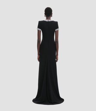 EMBELLISHED NECKLINE FIT-AND-FLARE GOWN WITH CAP SLEEVES