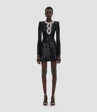 EMBELLISHED NECKLINE STRETCH SEQUIN DRESS WITH LONG SLEEVES