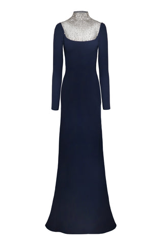 OMBRE BEADED NECKLINE LONG SLEEVE GOWN