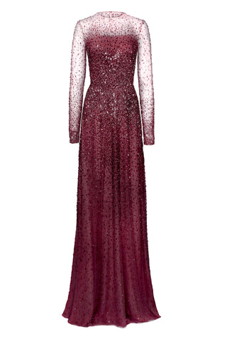 OMBRE BEADED JEWEL NECK LONG SLEEVE GOWN