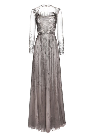ABSTRACT BEADED LONG SLEEVE GOWN