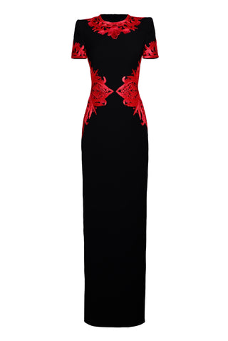 RIBBON EMBROIDERED CAP SLEEVE COLUMN GOWN