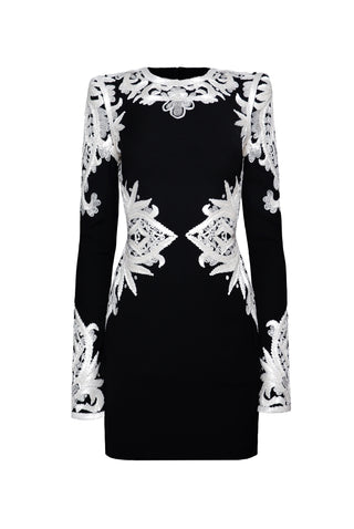 RIBBON EMBROIDERED LONG SLEEVE DRESS