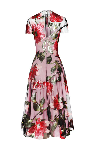 JEWEL NECK CAP SLEEVE TEA-LENGTH DRESS