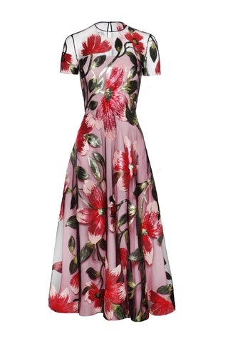 JEWEL NECK CAP SLEEVE TEA-LENGTH DRESS
