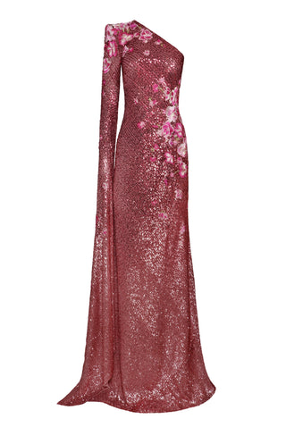 STRETCH SEQUIN ONE SHOULDER CASCADING SLEEVE GOWN