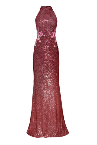 STRETCH SEQUIN HALTER GOWN