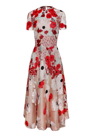 JEWEL NECK CAP SLEEVE TEA-LENGTH DRESS