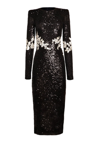 STRETCH SEQUIN LONG SLEEVE FLORAL APPLIQUE DRESS