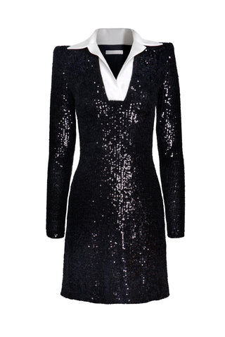 STRETCH SEQUIN LONG SLEEVE COLLARED DRESS
