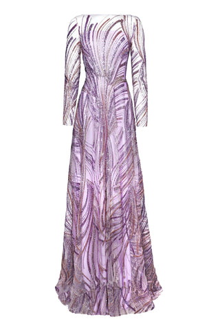 BEADED BOATNECK LONG SLEEVE GOWN