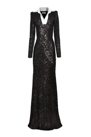 STRETCH SEQUIN LONG SLEEVE COLLARED GOWN