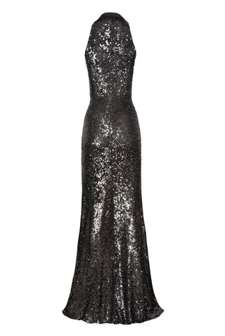 STRETCH SEQUIN SLEEVELESS COLLARED GOWN