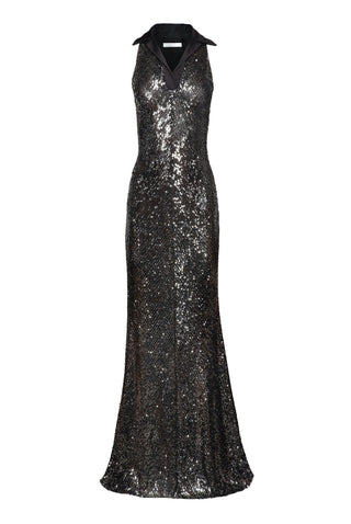 STRETCH SEQUIN SLEEVELESS COLLARED GOWN